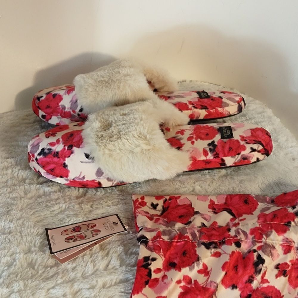 Victoria's Secret Satin Rose Faux Fur Slippers